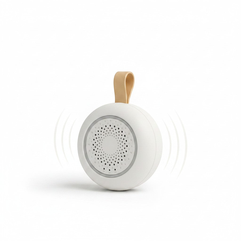 SlumberHush SoundCore baby sleep machine, white, portable, with tan loop and sound wave graphic.