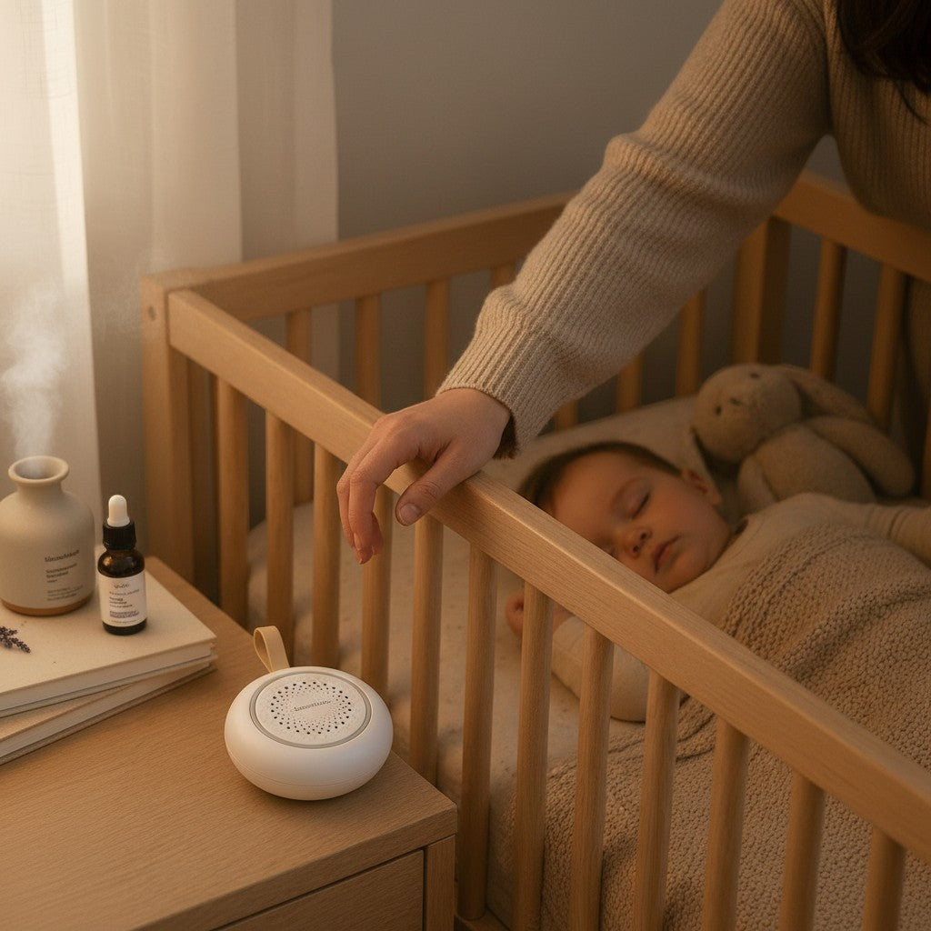 SlumberHush SoundCore baby sleep machine, white, portable, with a baby sleeping in a crib nearby.