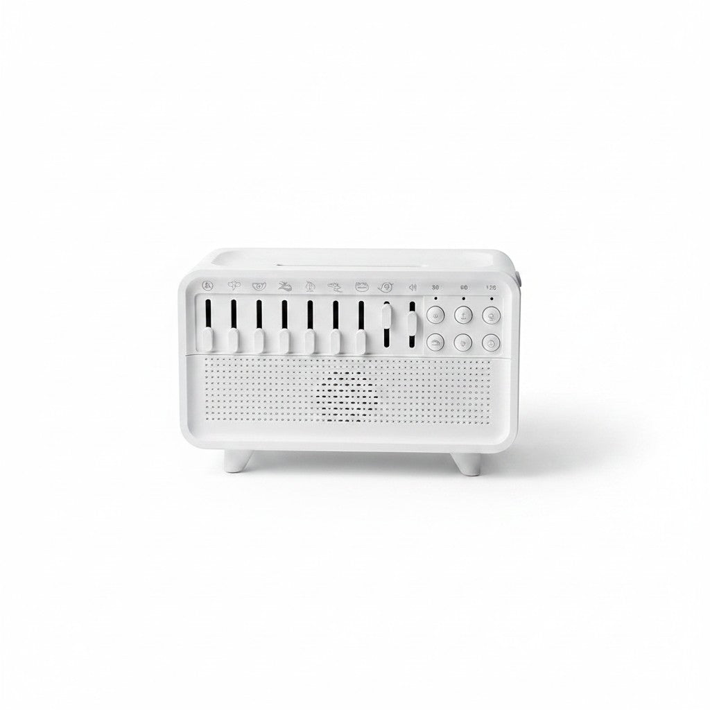 SlumberHush white SoundCore Sleep & Humidifier System with multiple sound icons and timer settings.