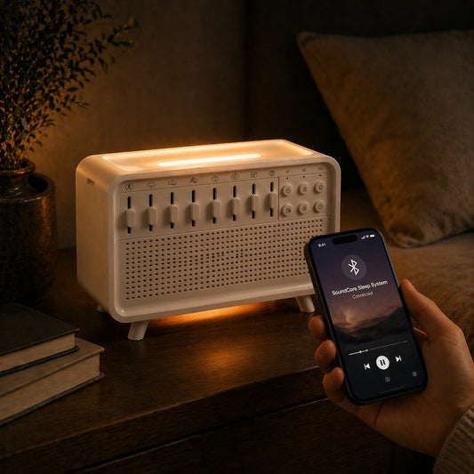 SlumberHush white SoundCore Sleep System humidifier with adjustable sliders and light, controlled by a smartphone.