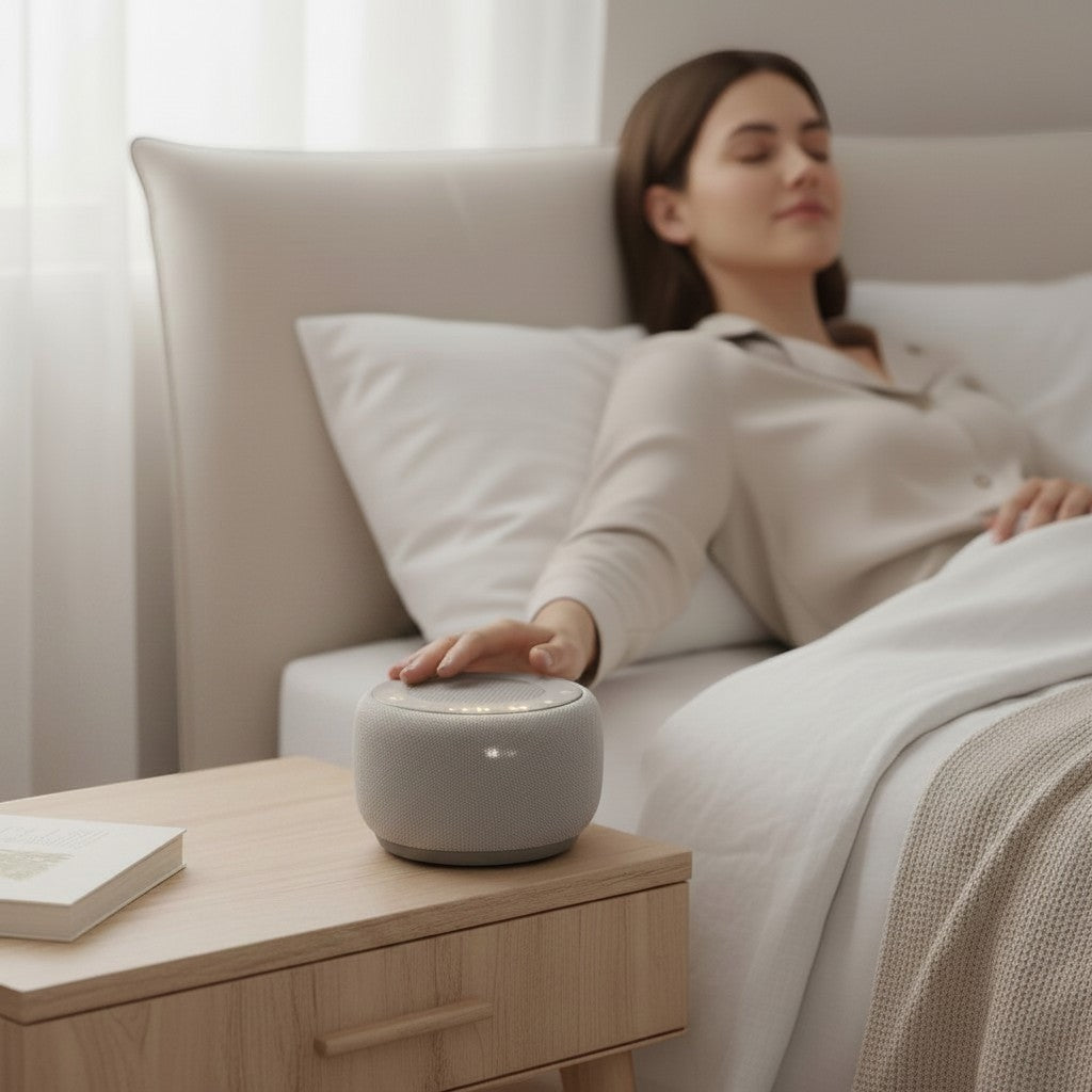 SlumberHush SoundCore sleep machine with digital clock and light, next to a woman in bed.