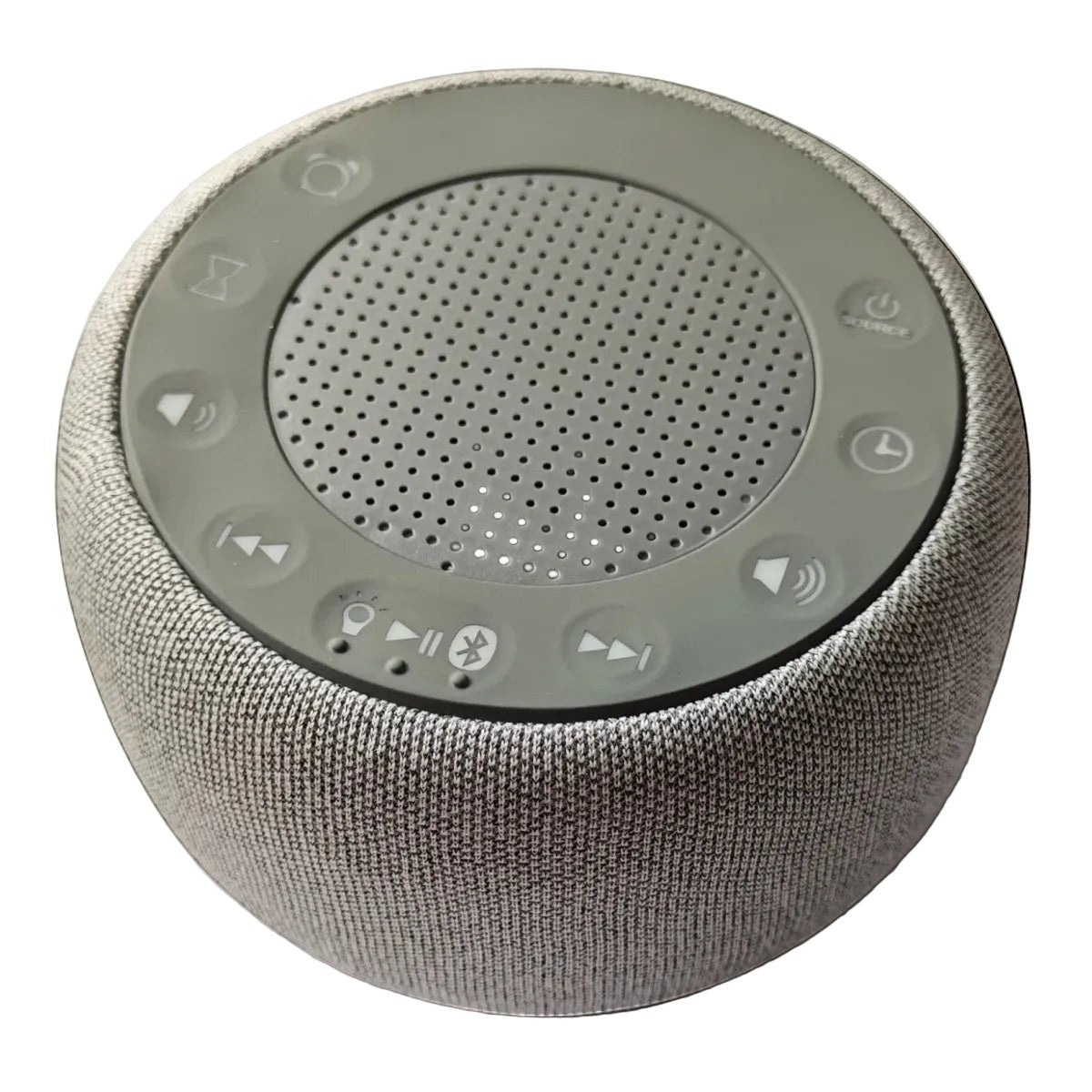 SlumberHush SoundCore sleep machine with grey fabric exterior and top control panel featuring playback, volume, timer, and Bluetooth buttons.