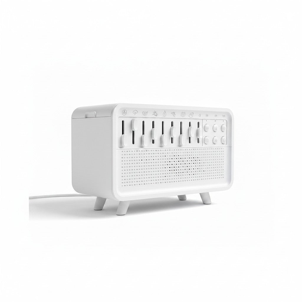 SlumberHush SoundCore white humidifier and sound machine with sliders and buttons for sleep sounds and timers.