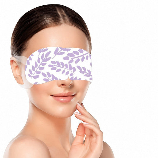 SlumberHush WarmEye steam mask with a delicate purple leaf pattern, designed for relaxation and eye care.