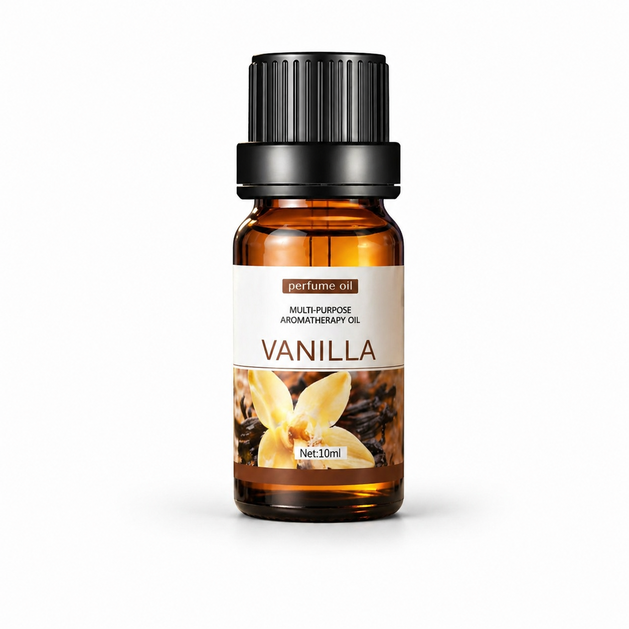 SlumberHush CalmDrop vanilla aromatherapy oil in amber glass bottle with black cap, 10ml.