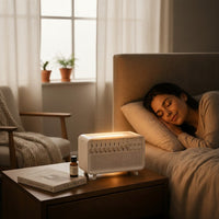 SlumberHush white humidifier with light and sound features on bedside table next to sleeping woman.