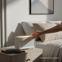 SlumberHush white SoundCore sleep and humidifier system with illuminated top controls and speaker grille.