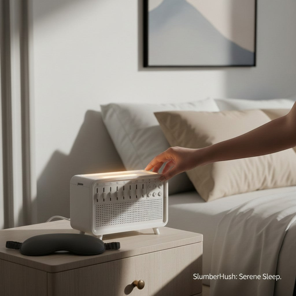 SlumberHush white SoundCore sleep and humidifier system with illuminated top controls and speaker grille.