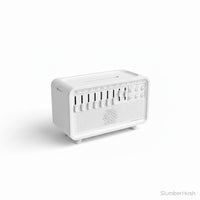 SlumberHush white SoundCore Sleep & Humidifier System with adjustable sliders and timer settings.