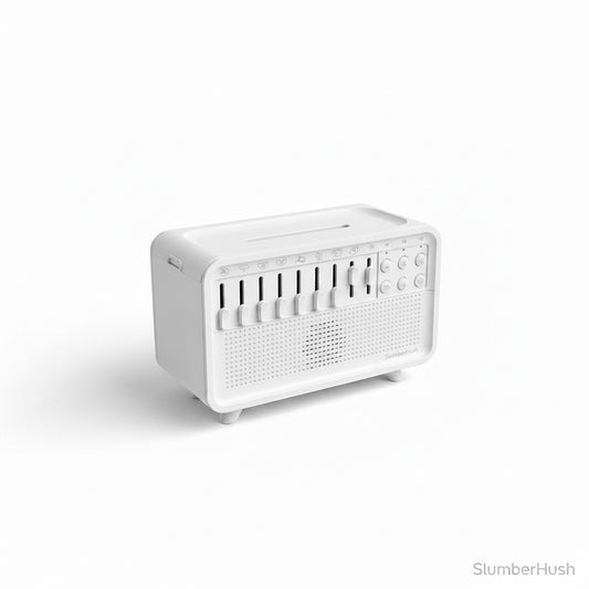SlumberHush white SoundCore Sleep & Humidifier System with multiple sound icons and timer settings.