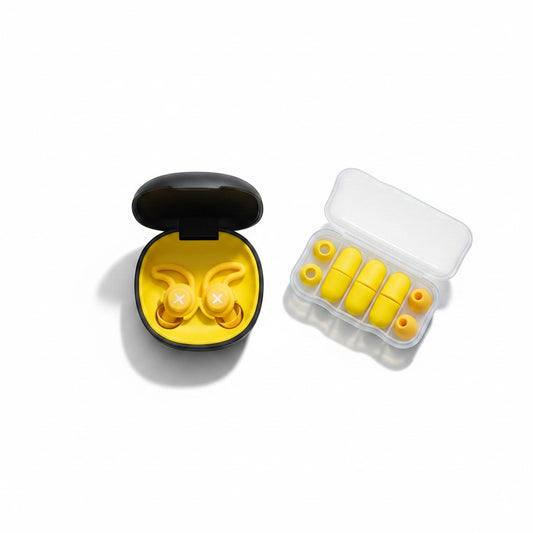 SlumberHush QuietSeal™ yellow silicone earplugs with a black charging case and a travel case with spare ear tips.